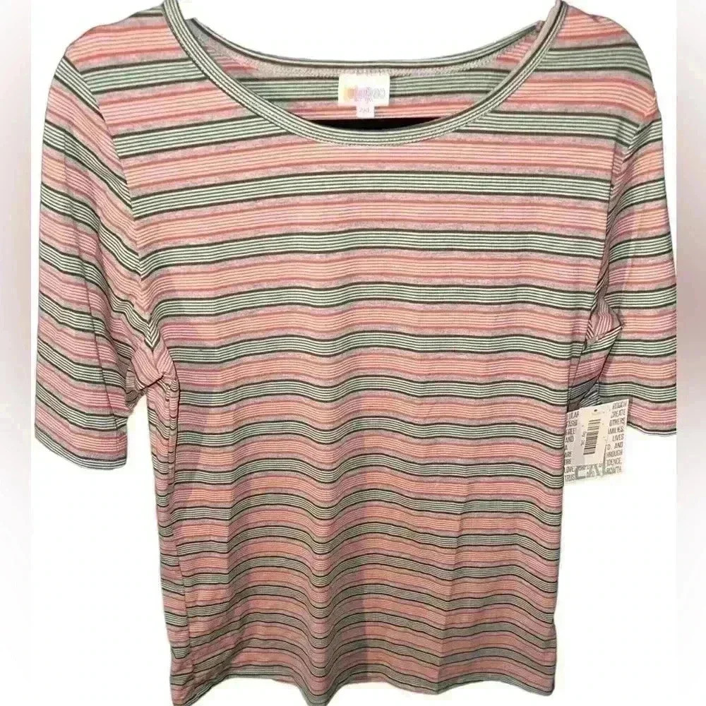 Lularoe 2X grey with stripes fitted t shirt top. Grey,olive green,coral, mint